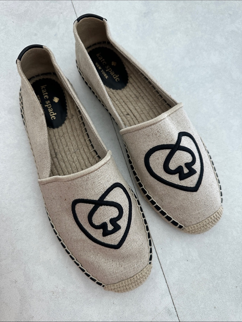 kate spade Beige Canvas Espadrille Flats with Black Heart Spade Logo